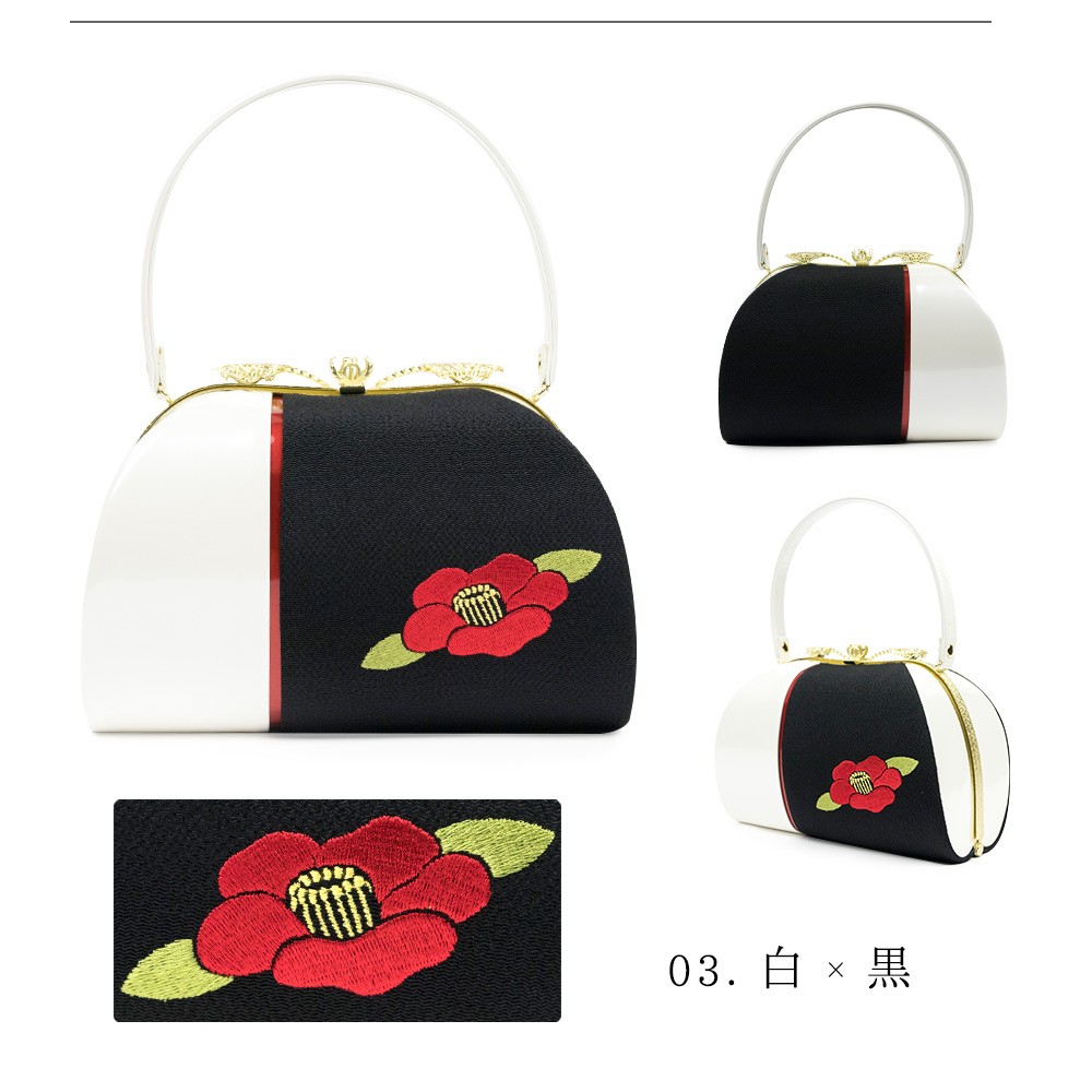 KYOETSU (日本製 椿柄刺繍バッグ)バッグ 黒/白/赤 椿柄 礼装用