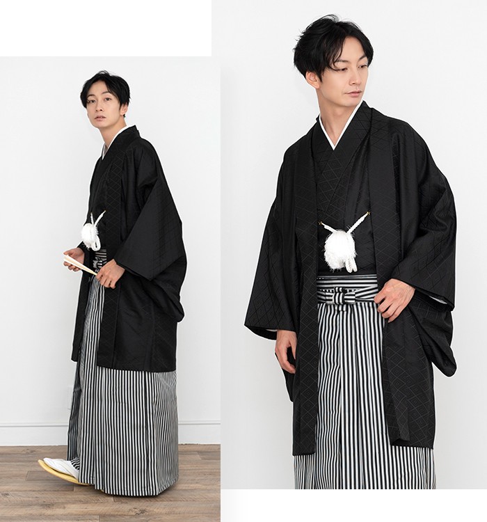(紋付3点) 紋付羽織袴 メンズ 2colors 成人式 袴 セット (羽織/着物/袴 