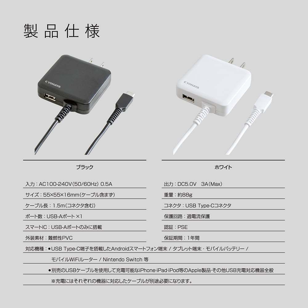 USB 充電器 3A タイプC 1.5m 急速 USBコンセント アンドロイド 