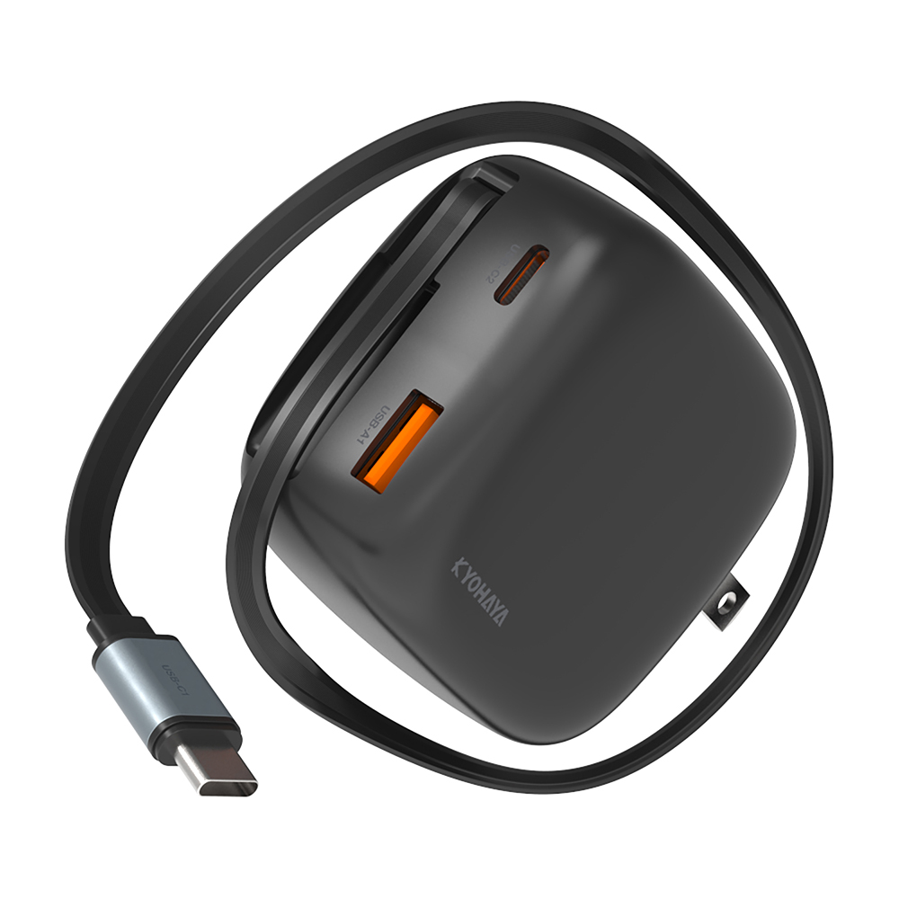 USB-C 巻取りケーブル内蔵 急速充電器 PD対応 QC対応 65W USB-Cケーブル+USB-C/USB-A 2ポート GaN 窒化ガリウム採用 極小タイプ KYOHAYA JKPD65R1 | KYOHAYA | 01