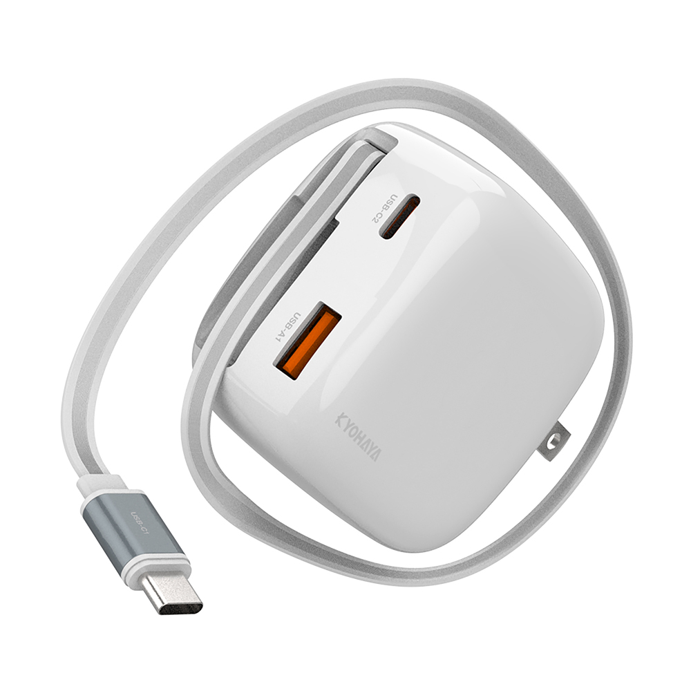 USB-C 巻取りケーブル内蔵 急速充電器 PD対応 QC対応 65W USB-Cケーブル+USB-C/USB-A 2ポート GaN 窒化ガリウム採用 極小タイプ KYOHAYA JKPD65R1 | KYOHAYA | 02