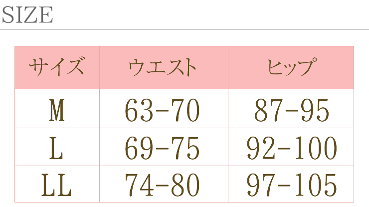 Mサイズ(ウエスト63-70、87-95cm)、Lサイズ(ウエスト69-75、92-100cm)、LLサイズ(ウエスト74-80、97-105cm)