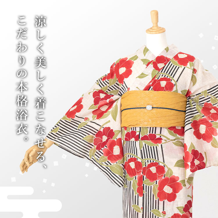 人気海外ブランドアイテム｜ファッション通販 綿麻浴衣単品 生成り地に黒縞と椿 Mサイズ レディース ゆかた 着物・浴衣