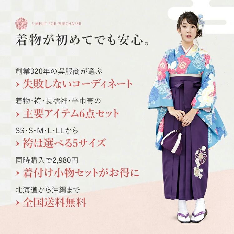 卒業式(高校/大学) 袴セット 6点フルセット 二尺袖(水色地に大きな牡丹