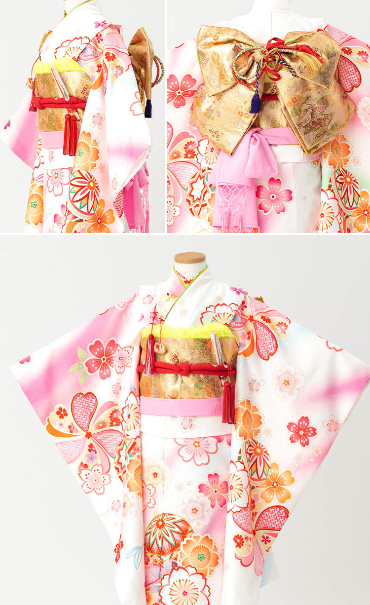 【新品未使用品】七五三 桜模様 着物小物セット 七五三 着物 7歳 四つ身セット(結び帯セット) 女の子 16点フル