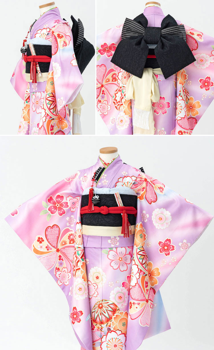 【タイムセール】 紫地に桜と鞠 着物 モダン かわいい 単品 四つ身 のし対応 洗える 7歳 女の子 子供 重ね衿 長襦袢付き 絵羽 和柄 古典柄 紫 黒 桜 鞠 花柄 【X3117660660】(16632円)