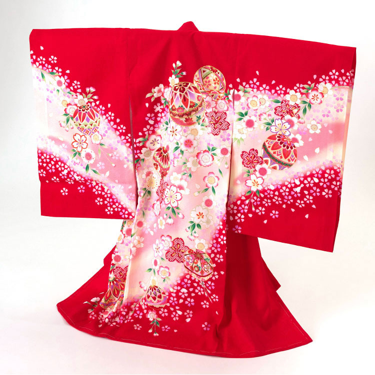 お宮参り 着物 女の子[正絹 鞠と桜 赤地] 産着セット(紐付きの着物+