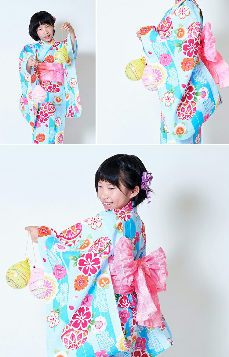 子供用浴衣　130   白地　カラフル手鞠　流水柄　美品　サイズ調整可能 KIMONOMACHI （Prices down2）浴衣 子供 こども 浴衣単品