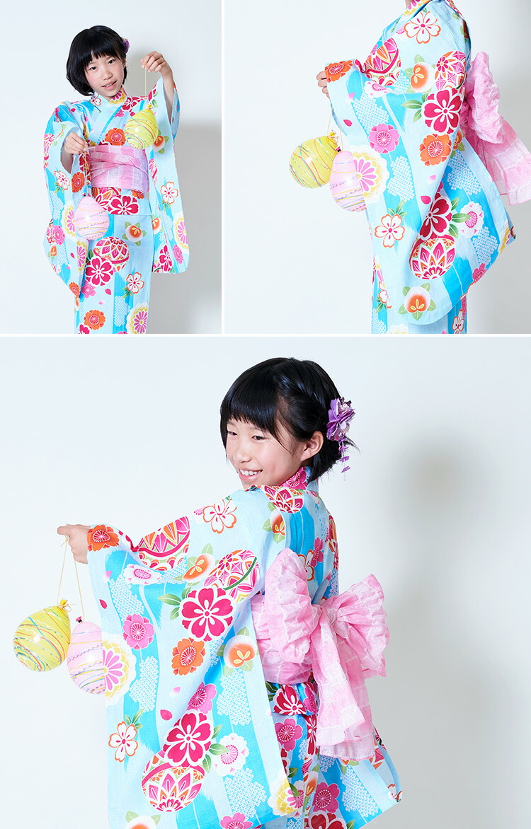 単品】子供用浴衣 女の子 100/110/120/130 水色地に鞠と矢絣 HYJ