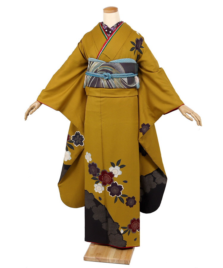 410z9〇小柄な方にも 中振袖 色無地 黄色 シンプル〇美品 成人式 結婚式 72110a.jpg