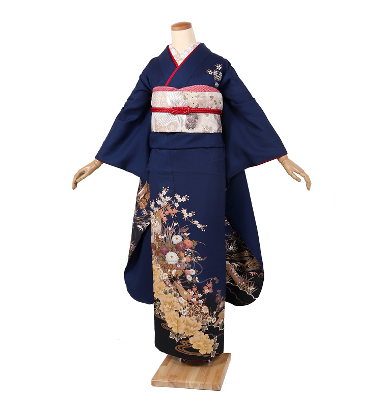 お振袖フルセット　7点セット　トールサイズ　青　本格現代古典　正絹　美品 振袖 レンタル 成人式 結婚式 青 紺 トールサイズ セット 貸衣装 貸