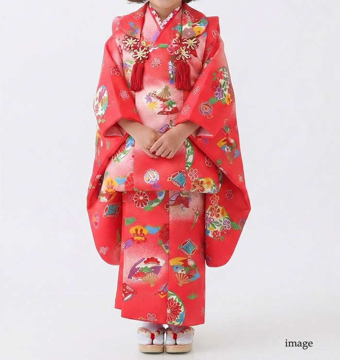 七五三 ３歳女の子　着物(赤系) ✳︎箱あり レンタル 七五三 着物 3歳 フルセット 女の子 被布セット 赤 朱赤 着物