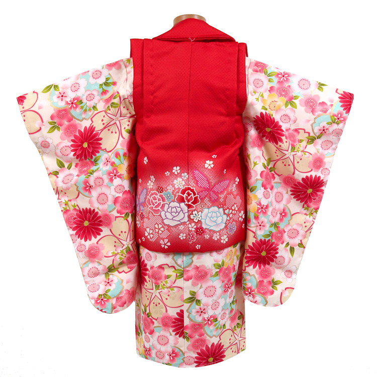 #122 (保管品)  七五三 正絹 被布コ―ト 3歳 七五三 着物 レンタル 753 フルセット 赤 女の子 被布セット 三歳