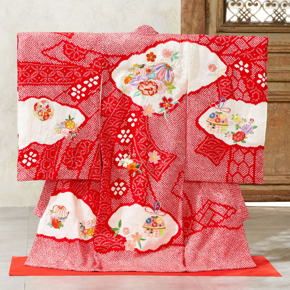 豪華刺繍＋絞り入り 赤の正絹着物 七五三・お宮参りに 産着 お宮参り 女の子 正絹 初着 御宮参り 祝い着 着物 赤ちゃん 初宮