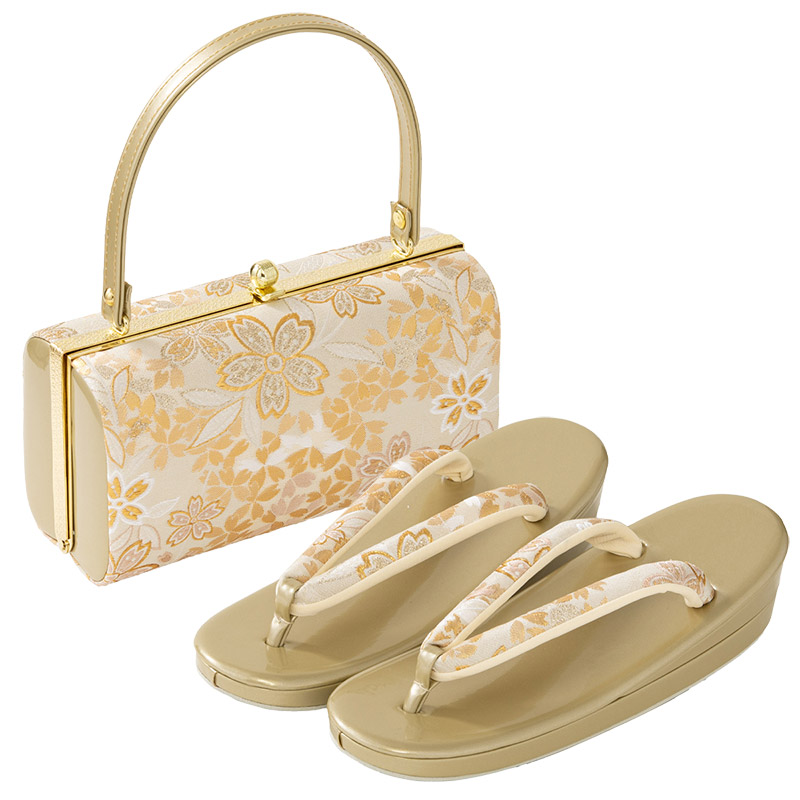 【超美品】成人式　和装用バッグ　Lサイズ　草履セット　金　ゴールド　女性 草履バッグセット 成人式 結婚式 フォーマル エナメル 金襴 S M L LL