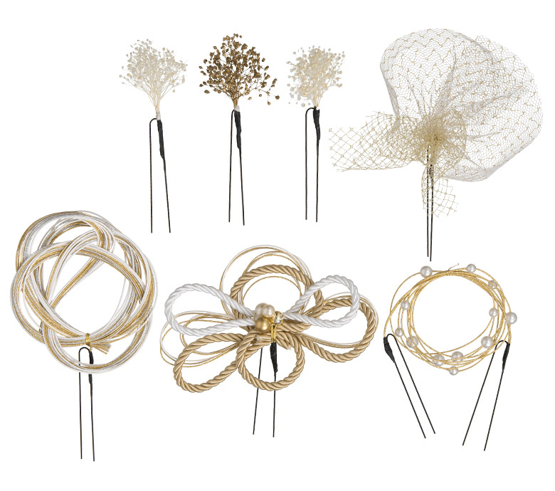 成人式 卒業式 袴 髪飾り 金 アレンジセット 7本組 かすみ草 水引