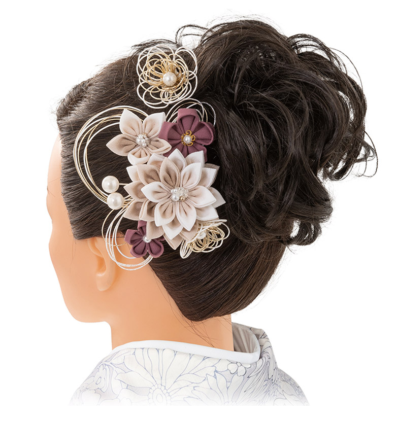 antique風　vintage調　引き揃え糸ヘアーチャーム 成人式 卒業式 袴 髪飾りセット つまみ菊に水引 くすみ ナチュラル