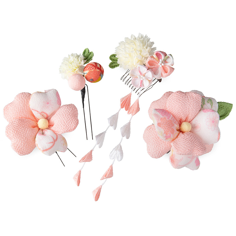 髪飾り ちりめん つまみ細工 4点セット ふわふわ桜 縮緬 和柄