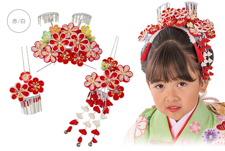 七五三 勝山簪 髪飾り 銀扇と紅梅の競演 ねじり簪 平打ち簪 鹿の子 ちん ころ 七五三 髪飾り 勝山セット かんざし3点セット 梅づくし かんざし
