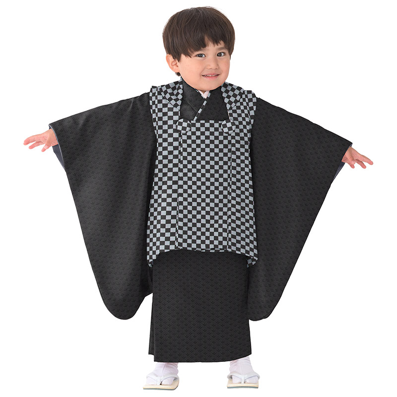 新品同様 七五三 着物 男の子 3歳 2歳 被布 セット 黒 緑 ベージュ 市松 七五三