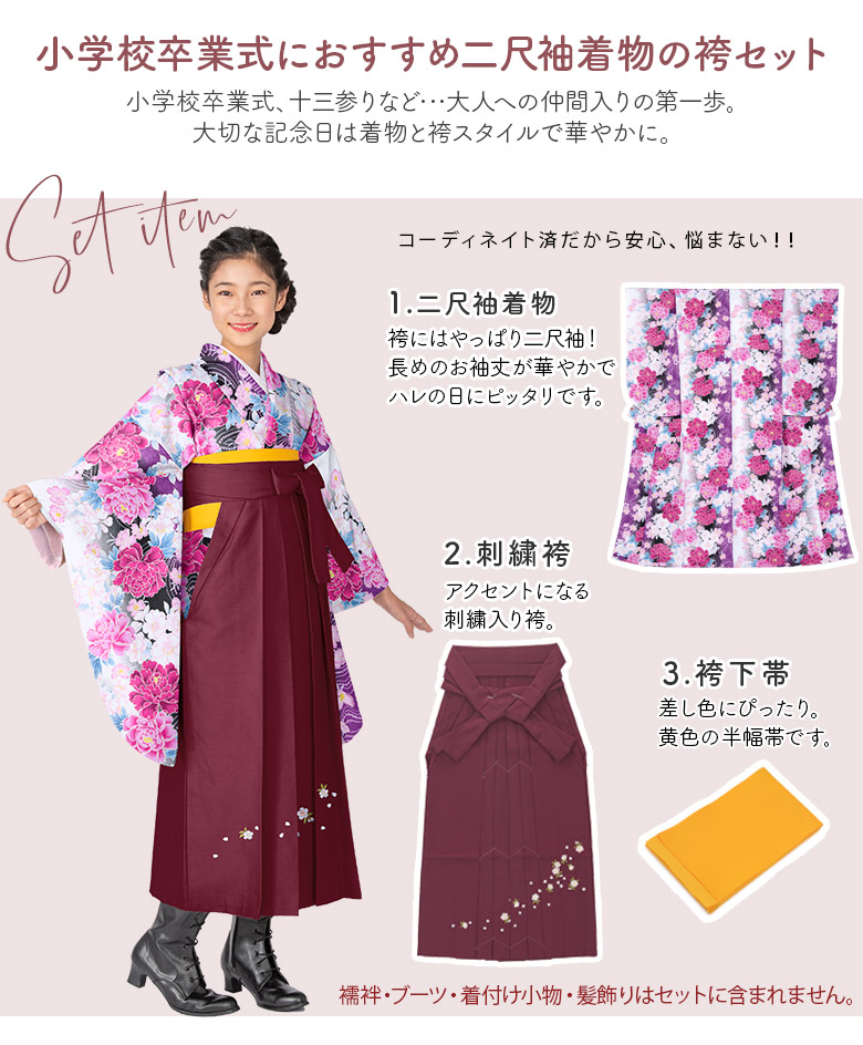 卒業式袴3点セット 小紋柄 二尺袖 着物 刺繍袴 レトロモダン はかま 小