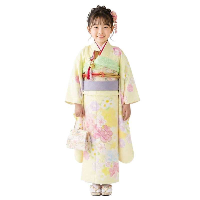 504ag45◎七五三 七歳 女児 アンティーク 総柄 扇梅菊 着物&丸帯◎ 販売】七五三 女の子 7歳 7才 着物 フルセット モダン 絵羽柄 古典柄