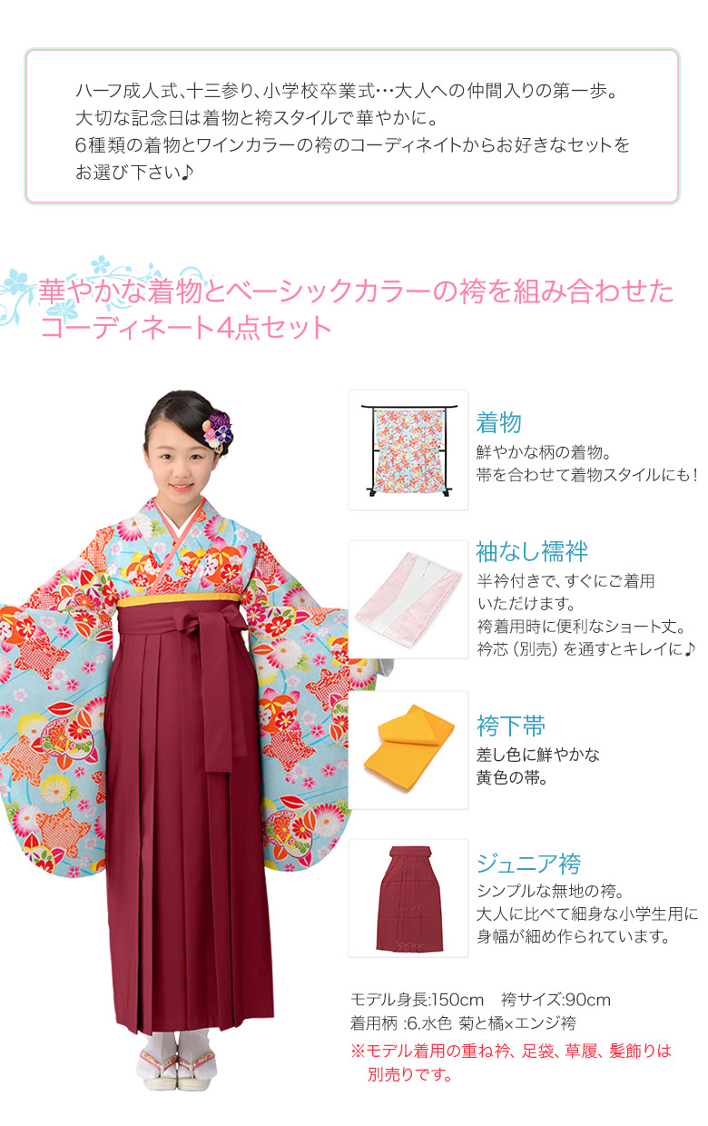 小学校卒業式 ジュニア 女の子 着物袴 セット コーディネート 襦袢・袴