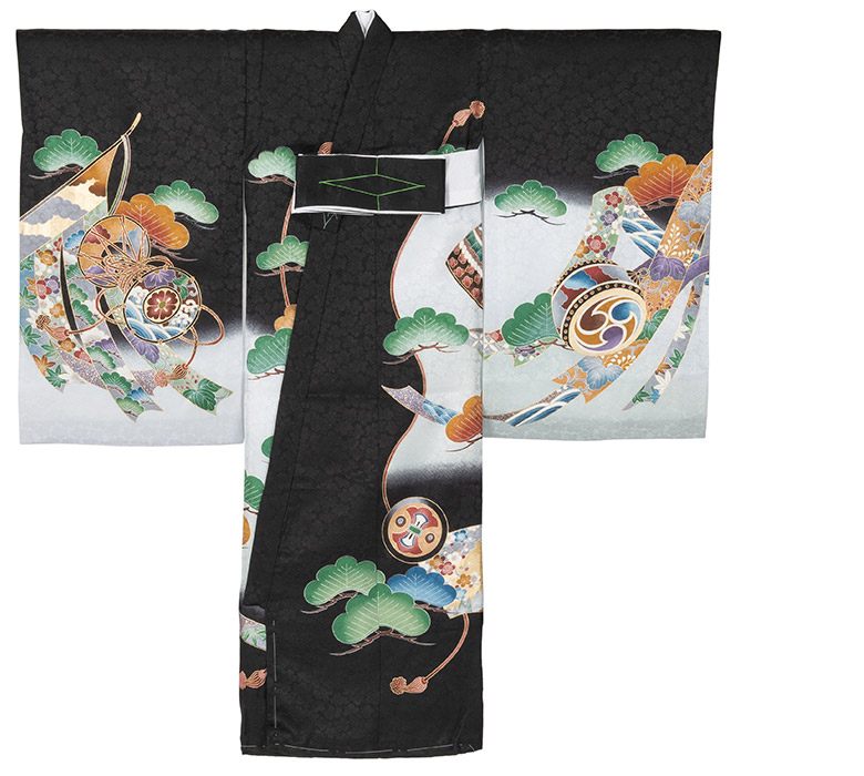 【正絹 美品】お宮参り　鷹と兜の祝い着 販売】産着 お宮参り 着物 初着 正絹 黒 紺 兜 鷹 のし 熨斗 束のし
