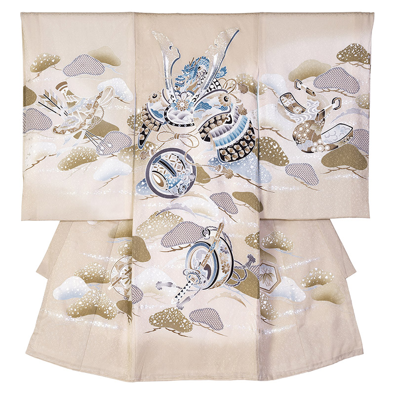 【美品】逸品　高級刺繍　正絹　初着　宝船 販売】産着 お宮参り 着物 初着 正絹 黒 ベージュ 抹茶 兜 鷹 のし
