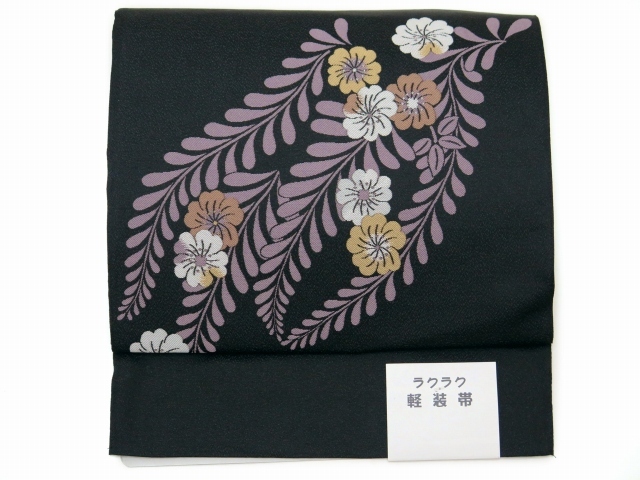 作り帯 お太鼓 軽装帯 着物 お太鼓結びの付け帯 合繊「黒、桜」BNO567