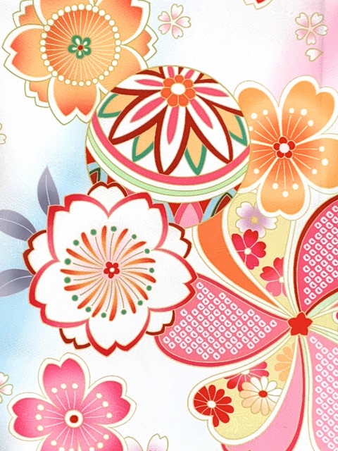 七五三 着物 7歳 単品 金駒刺繍 絵羽柄の四つ身の子供着物(合繊)「白地