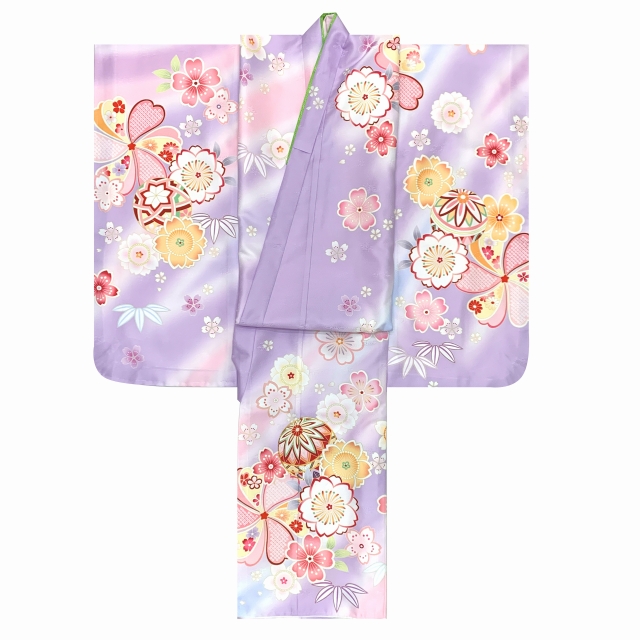 七五三 着物 7歳 単品 金駒刺繍 絵羽柄の四つ身の子供着物(合繊)「藤色