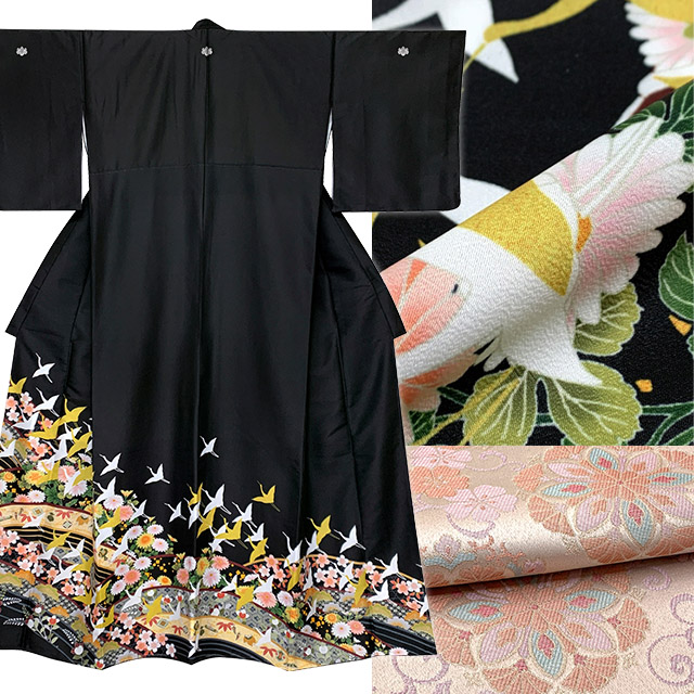 【梅sale】黒留袖　セット　袋帯　M〜L 裄66 色彩華やか 梅sale】黒留袖 セット 袋帯 M〜L 裄66 色彩華やか