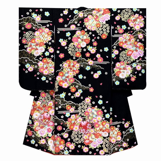 七五三 7歳 女の子用 日本製 正絹 京友禅 絵羽付け 刺繍入り 四つ身の着物「紅白、鞠と牡丹」HMOJ471 通販 
