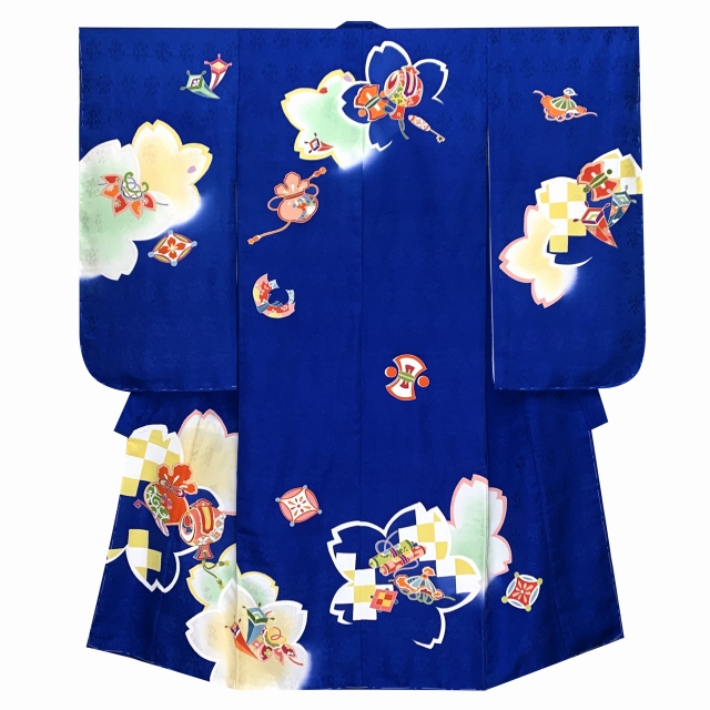 405ag68■七五三 七歳 女児 着物&袋帯&長襦袢 扇 金駒刺繍■状態良好 お宮参り 赤ちゃん着物 女の子 産着 鼓 金駒刺繍 金箔 絞り om-l