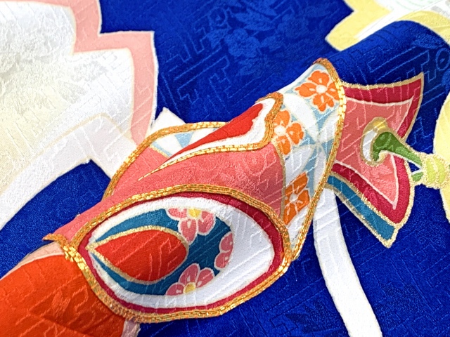 405ag68■七五三 七歳 女児 着物&袋帯&長襦袢 扇 金駒刺繍■状態良好 京都室町st. 七五三 7歳 女の子 正絹 金駒刺繍 古典柄 パステル