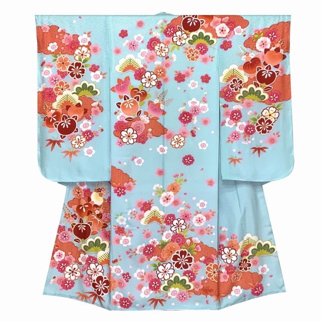 七五三 着物 7歳女の子正絹 四つ身の着物(単品)「水色、橘」ID7S-2404