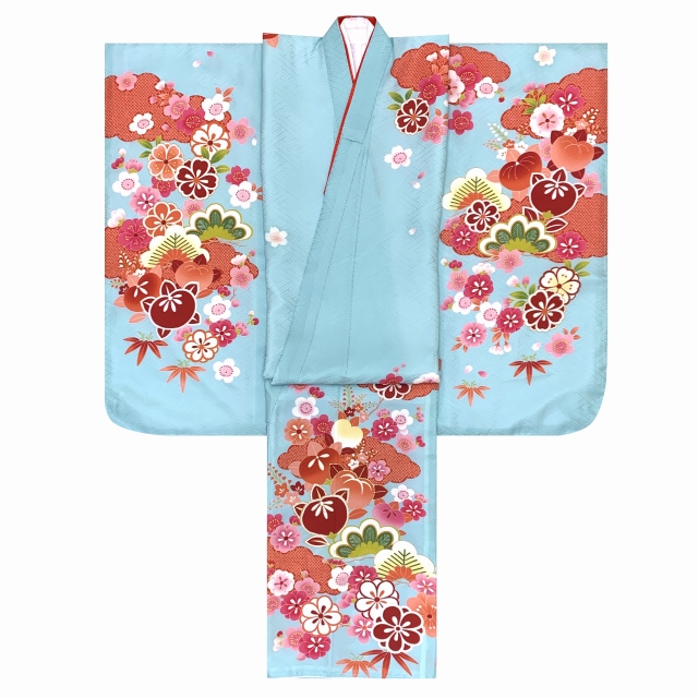 七五三 着物 7歳女の子正絹 四つ身の着物(単品)「水色、橘」ID7S-2404