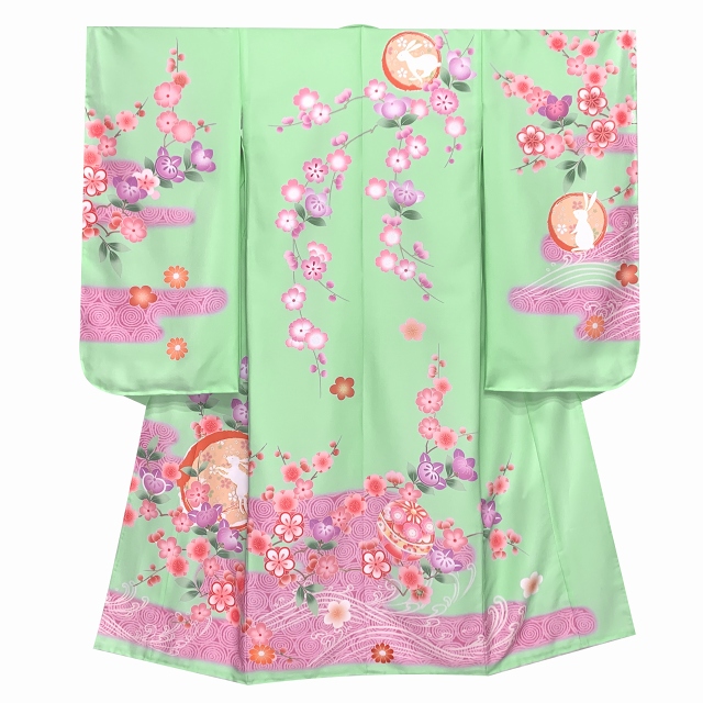京都室町st. 七五三 着物 7歳 女の子用 日本製 絵羽柄の四つ身の子供着物 単品 合繊「うさぎさん柄、えらべる６色」IYPU