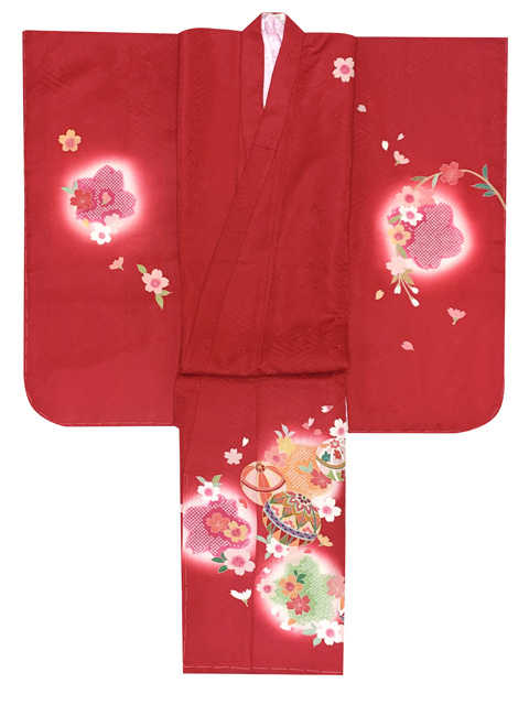 七五三★正絹　中古着物★女の子★四つ身★赤★お遊戯会　ｕ-244 七五三七歳四つ身：N080 【正絹】赤 総絞り 牡丹に手毬 | 七五三