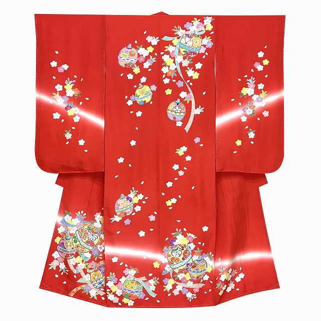 七五三 7歳 女の子用 正絹 日本製 絵羽付け 金駒刺繍 四つ身の着物「赤