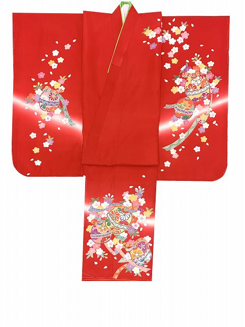 七五三 7歳 女の子用 正絹 日本製 絵羽付け 金駒刺繍 四つ身の着物「赤