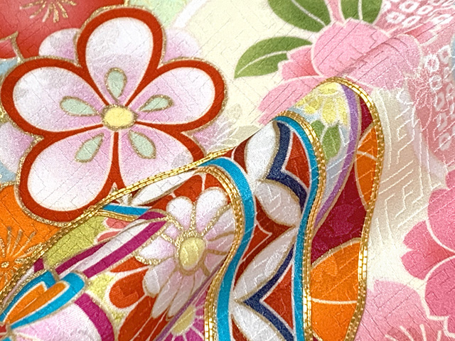 406ag8□七五三 七歳 女児 着物&袋帯 金彩 金駒刺繍 鴛鴦□状態良好 京都室町st. 七五三 7歳 女の子用 日本製 正絹 金駒刺繍 絵羽
