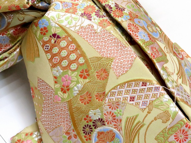 おしゃれ結び帯 ベージュゴールド シルック [ 東レシルック 糸使用] 洗える 袋帯 織・亀甲に変わり紋