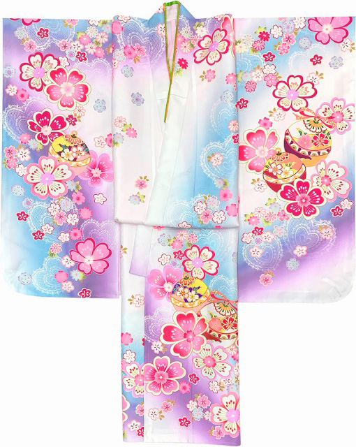 未使用仕付け糸付⭐桜柄と金彩のハーモニーがキュート&ラブリーな7歳用七五三祝着 七五三 7歳 四つ身着物フルセット ブランド 紅一点「水色