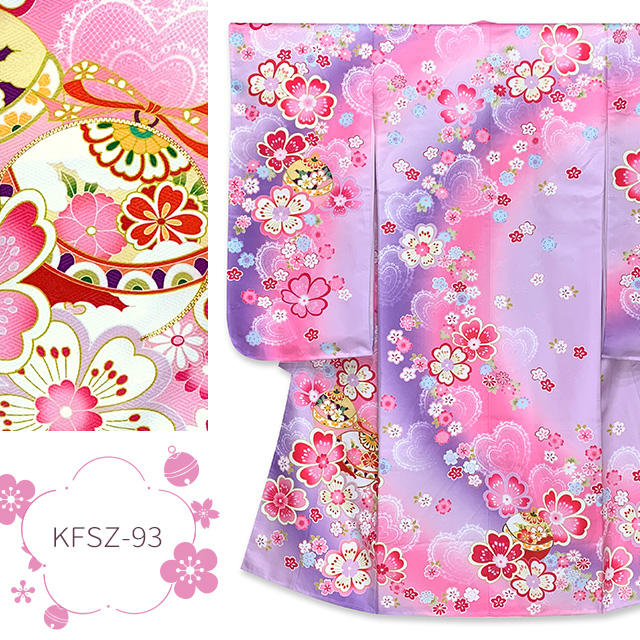 127 R・K 黒×桜　ちりめん　7歳 七五三着物セット　和装小物　結び帯 京都室町st. 七五三 7歳 フルセット 購入 幻想的な柄の四つ身の着物と