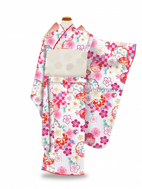 美品！七五三　四つ身　赤色 長襦袢 花柄刺繍 赤い花柄 着物 帯付き長襦袢付き753