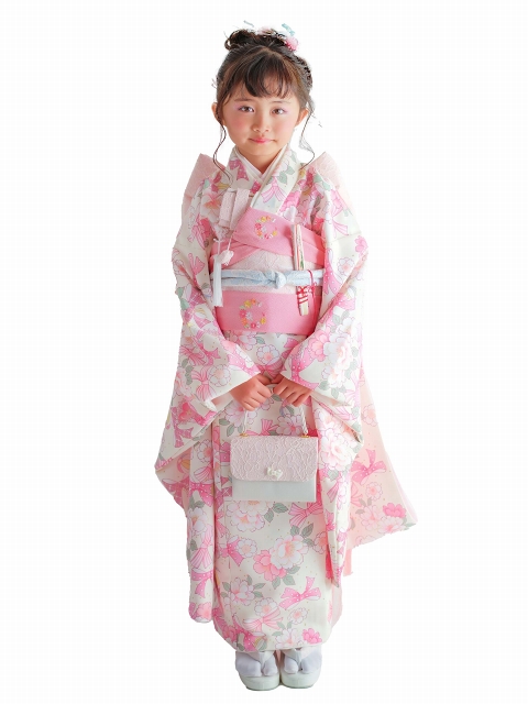 京都室町st. 七五三 着物 7歳 セット KAGURA ブランド 女の子 子供着物 結び帯セット 合繊「杏、リボン柄」KGR7-B