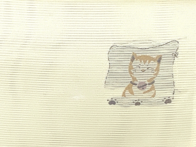 軽装帯 夏帯 合繊 絽 お太鼓 作り帯 お太鼓結び 付帯「生成り、猫