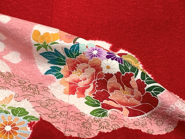 ジュニアサイズ 着物 正絹 友禅 絵羽柄の振り袖 比翼仕立て 140サイズ